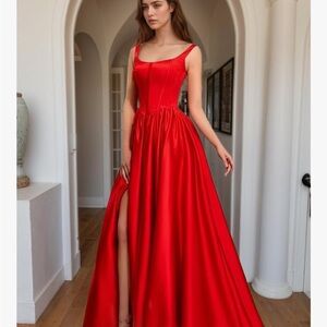 Satin Red Corset Scoop Neck Evening Gown